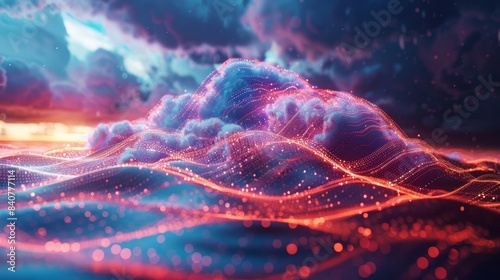 A dynamic 3D illustration of a cloud with digital waves emanating from it, showcasing the widespread reach of cloud services.