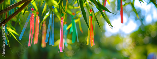 A wish tree. Bright colorful ribbons tied on the tree branches. Ancient tradition. Blessing on the tree.
