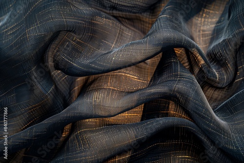 Elegantly draped dark fabric with intricate plaid patterns, displaying a sophisticated and textured textile background.