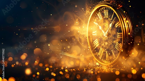 A golden clock in focus against a black backdrop, surrounded by a halo of soft light An ambiguous, blurred timepiece adjacent to the main clock