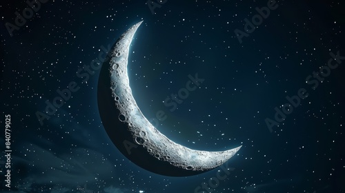  A painting of a crescent moon in the night sky, surrounded by stars The moon is positioned at the center of the night sky