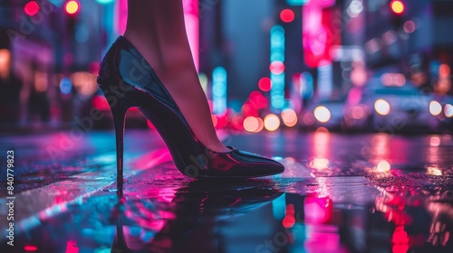  A woman in high heels stands on a wet city sidewalk at night Vibrant lights illuminate the buildings and street around her