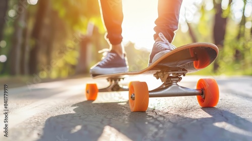  A tight shot of an individual skateboarding on a road, orange wheels prominent Skateboard in foreground; sun filters through tree-lined background