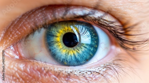  A tight shot of an eye, featuring a yellow-blue iris with a central black pupil