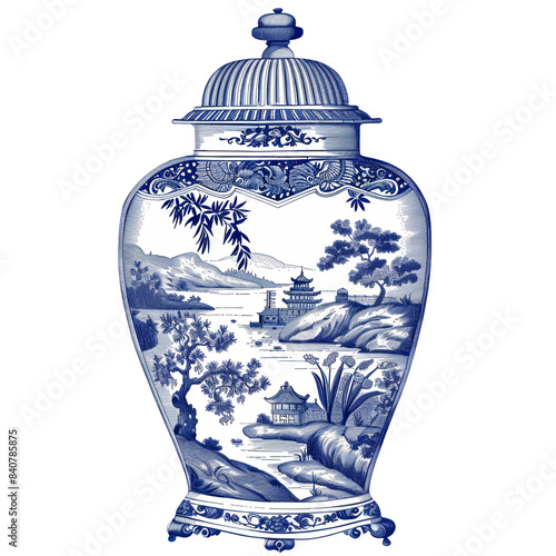 Blue and white toile porcelain ginger jar, isolated on transparent background