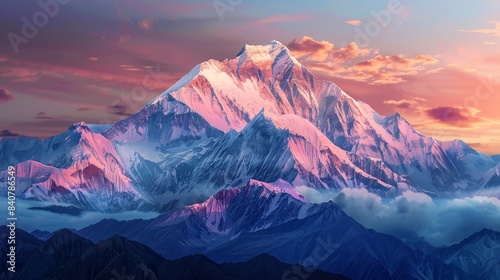 Mountain peak of the tibetan snow-capped mountains, a beautiful panorama of the mountains at sunset of the day, generative ai. hyper realistic 