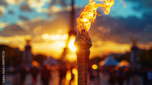 The Olympic torch is in focus and the Eifel Tower on the blurred background during golden hour.