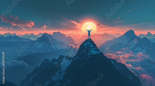 A lone figure stands on a mountain peak, arms raised in victory, as the sun rises over a majestic mountain range. Generative AI