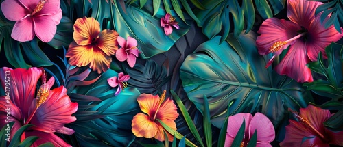 A colorful tropical scene with a variety of flowers and plants