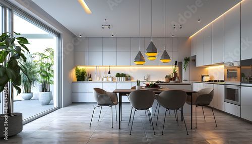 Interior of modern open plan kitchen with dining table and glowi