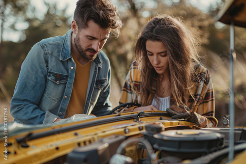 Couple with broken-down car, relaxed attitude while seeking help