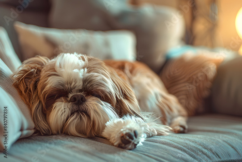Sleeping Shih Tzu dog resting comfortably on a cozy couch, surrounded by soft pillows