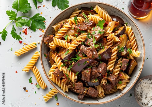 Vegan Delight: Fusilli Pasta with Eggplant and Steak Substitute Generative AI