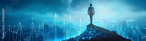 Silhouette of a person standing on a peak, overlooking a cityscape with digital graphs representing data analytics and growth.