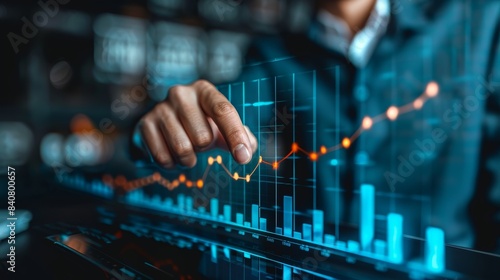 Close-up of a person's hand interacting with a digital financial graph on a futuristic touch screen in a dark room, symbolizing data analysis.