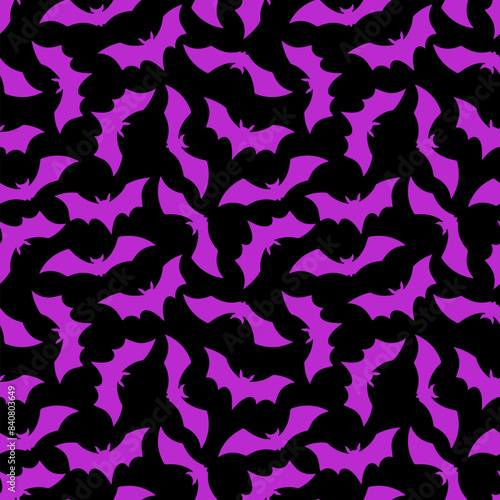 Halloween Bat flat seamless pattern. Vector Happy Halloween print with flying violet bat silhouette on black background. For wrapping, fabric, holiday decoration, textile, wallpapers