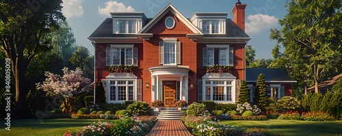 A suburban house exterior with a red brick facade and white trim, featuring a well-manicured front lawn and a blooming garden, with a picturesque tree in the front yard.