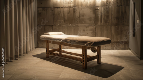 A wooden-style spa area with a massage table and a subdued atmosphere. Minimalist interior of a massage room. Vacation and design concept.