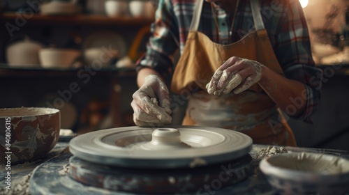 Hands, pottery, and clay mold on table for startup workshop creative art design, product, or sculpture. The artist uses a spinning wheel to sculpt ceramic material.