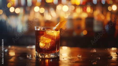 Cinematically lit old - fashioned cocktail, garnished with orange peel on a dark wooden bar, with a bokeh background of dimly lit bottles.