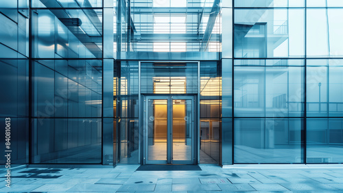 Close up of modern architecture in an industrial or office building with a metal wall glass door and a hi tech geometric steel structure featuring rectangles and parallel, Generative AI