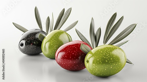 Three different colored olives black green purple with leaves on white background, olive north african