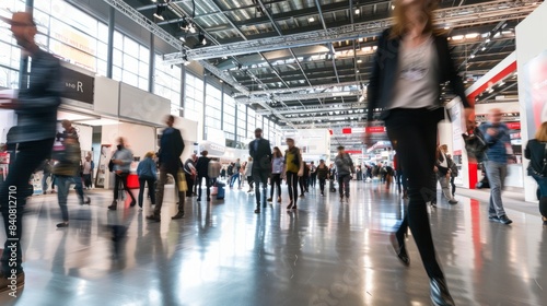 Blurred motion photo of people walking through a large, open trade show exhibition hall
