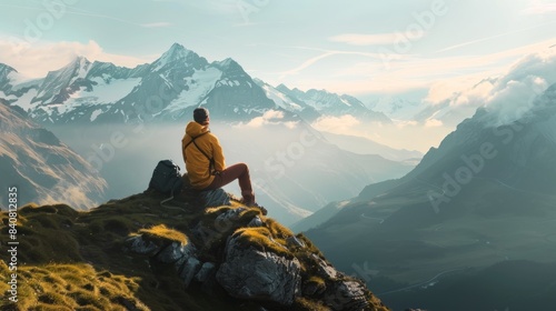 A lone mountaineer sits on a rocky peak, taking in the breathtaking panoramic view of snow-capped mountains bathed in the soft light of sunrise