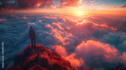 Man Standing on Top of Mountain Above Clouds