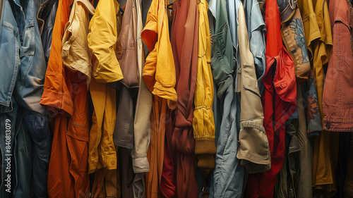 clothes hanging in row many clothes for autumn or fall season