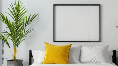 Neatly made bed with a white bedsheet and a single bright yellow pillow, a large empty black frame on a white wall, and a potted palm plant to the left of the frame, placed in a wicker basket