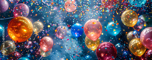 Festive Celebration Background A Colorful Array of Balloons Against a Vibrant Confetti-Strewn Pink Backdrop, Perfect for Party Invitations, Event Announcements, or Celebration-Themed Designs Wallpaper