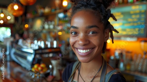 A young, happy barista with dreadlocks poses in a coffee house, exuding friendliness