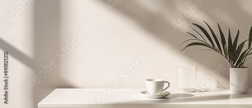 A white table with a white cup and a potted plant