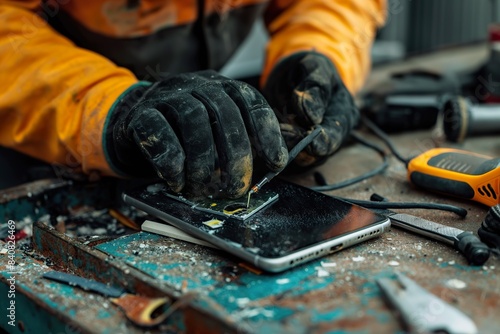 A close-up shot of gloved hands working on a broken device with a soldering iron.