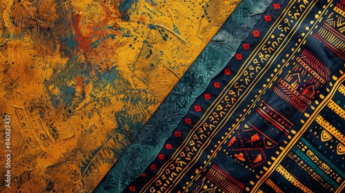 A close-up, high-angle shot of a colorful fabric patterned with traditional African tribal designs. The fabric is draped over a textured yellow background with hints of blue and orange