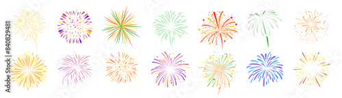 Firework line icon set. Colorful pyrotechnics show. Realistic fireworks celebration isolated vector illustration