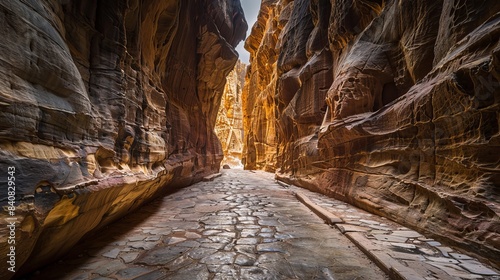 The remarkable alleyway leading to the sacred monasteries, known as The Siq, in Petra, Jordan.