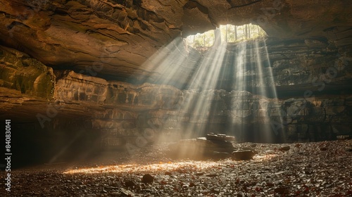 Sunrays illuminate the interior of Mammoth Cave National Park, revealing its stunning beauty from within.