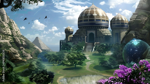a landscape with holographic duckies temple -