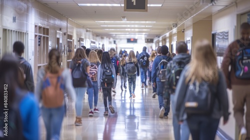 A wide-angle photo of a high school corridor filled with students walking to and from classes during a class change