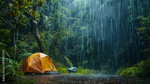 A lone tent sits in a lush forest, with a heavy downpour blanketing the scene. The rain creates a dramatic atmosphere, showcasing the vibrant green foliage