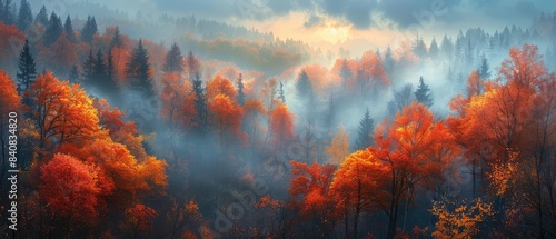 Majestic landscape with autumn trees in misty forest painting