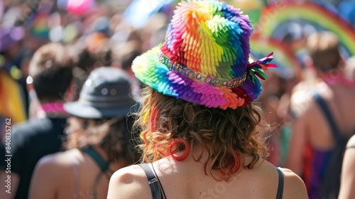 Person wearing a vibrant, multicolored hat at a crowded outdoor festival celebrating diversity and inclusivity.