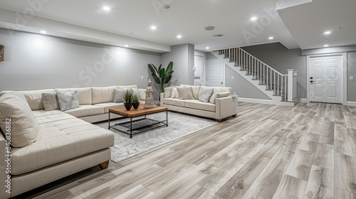 A high-angle view of a recently renovated basement with contemporary design elements, including a large white sectional sofa and a gray-toned wood-look floor