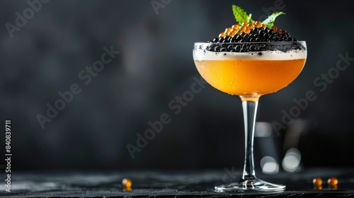 Elevate your evening with a sophisticated cocktail garnished with premium caviar, a true taste of luxury, with copy space for text