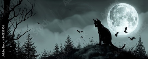 Black cat gazing at the full moon