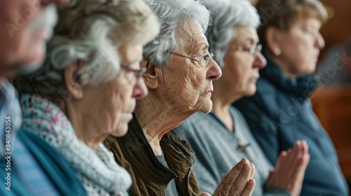 A group of elderly individuals, some with glasses, gather for a prayer or discussion during a religious event