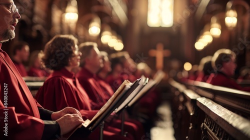 A choir in red robes sings sacred music during a service inside a traditional church