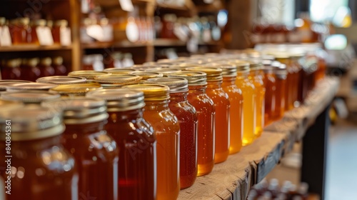 Multiple jars of honey are displayed on a table in a store showcasing local products from producers with